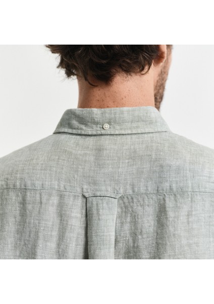 Erkek Yeşil Regular Fit Düğmeli Yaka Keten Gömlek