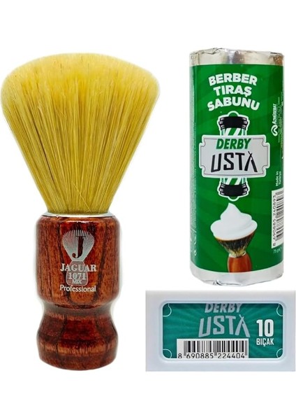 1071 Mix Ahşap Saplı Tıraş Fırçası, Derby Tıraş Sabunu ve 10'lu Jilet Seti