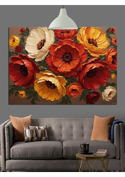 Kırmızı Turuncu Çiçekler Kompozisyon Dekoratif Kanvas - Mdf Ahşap Tablo