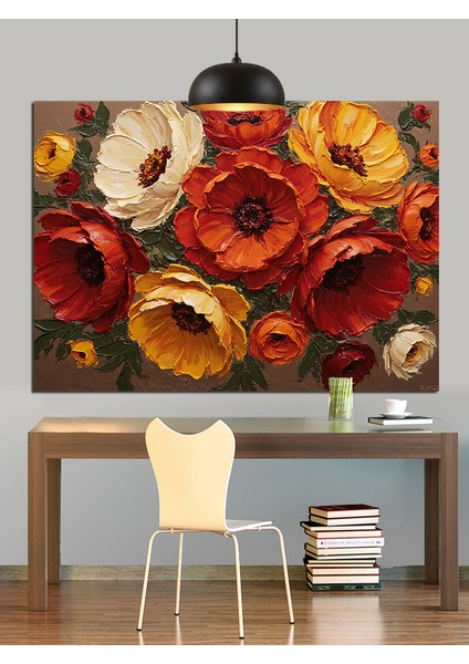 Kırmızı Turuncu Çiçekler Kompozisyon Dekoratif Kanvas - Mdf Ahşap Tablo fiyatları