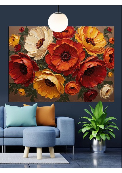 Kırmızı Turuncu Çiçekler Kompozisyon Dekoratif Kanvas - Mdf Ahşap Tablo modelleri