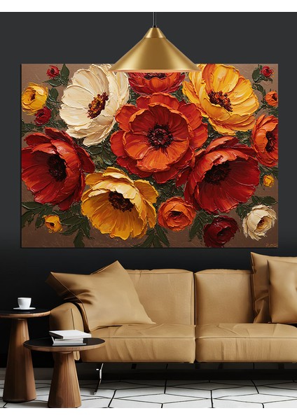 Kırmızı Turuncu Çiçekler Kompozisyon Dekoratif Kanvas - Mdf Ahşap Tablo fırsatları