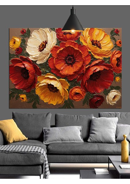 Kırmızı Turuncu Çiçekler Kompozisyon Dekoratif Kanvas - Mdf Ahşap Tablo indirimleri