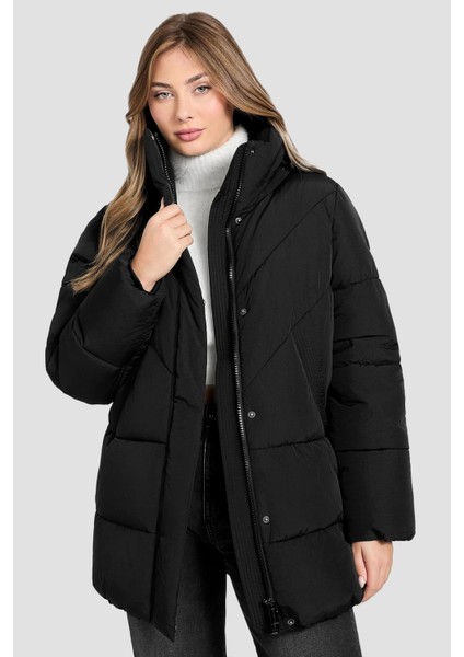 Kadın Eleonor Büzgü Detaylı Kapüşonlu Şişme Mont - Siyah