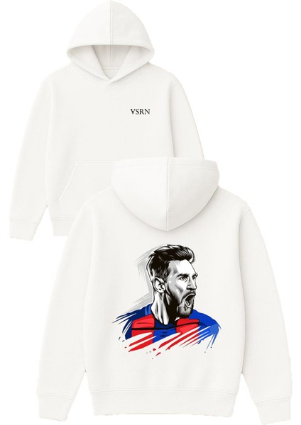 Messi Eski Tasarım Baskılı Oversize Beyaz Kapüşonlu Sweatshirt