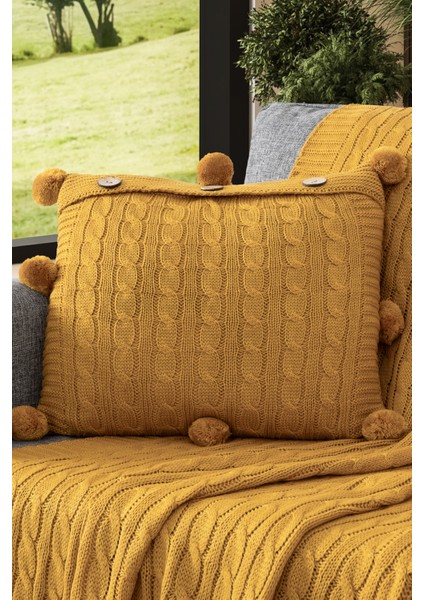 Ponponlu Triko Örme Kırlent Kılıfı - 40X40 cm Kare Yastık Kılıfı - Hardal