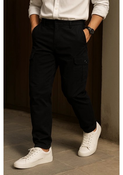 Erkek Trend Bol Paça Yüksek Bel Siyah Kargo Pantolon