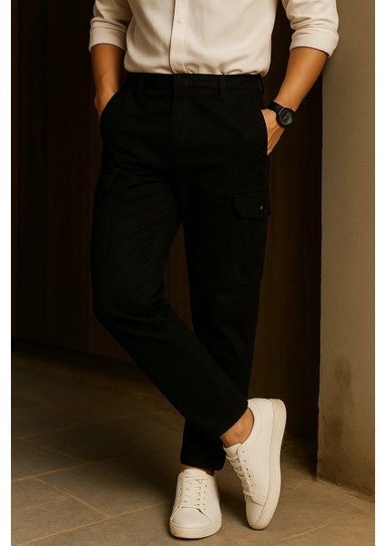 Erkek Trend Bol Paça Yüksek Bel Siyah Kargo Pantolon modelleri