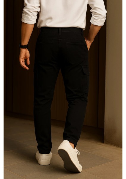 Erkek Trend Bol Paça Yüksek Bel Siyah Kargo Pantolon