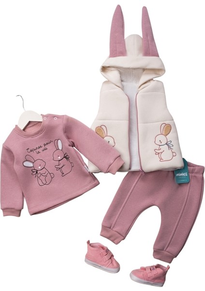 Tavşan Nakışlı Kulaklı Yelekli Üç Ip Takım