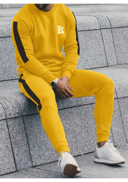 Büyük Beden Özel Tasarım R Tribal Baskılı Şerit Dikişli %100 Pamuk Dış Mekan Erkek Eşofman Takımı