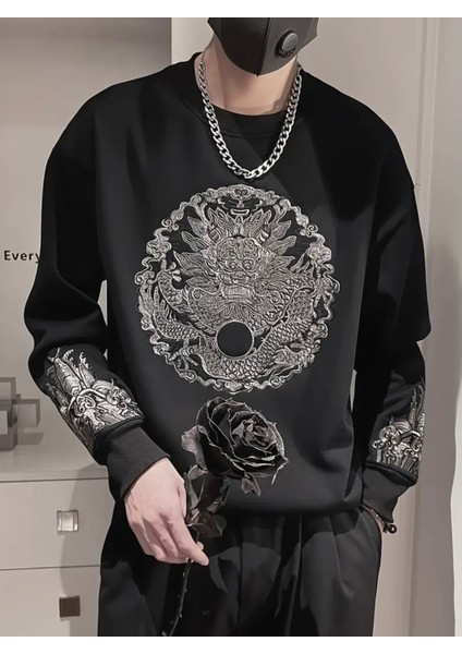 Büyük Beden Özel Tasarım Eskitme Varak Dragon Baskılı %100 Pamuk Şık Erkek Sweatshırt