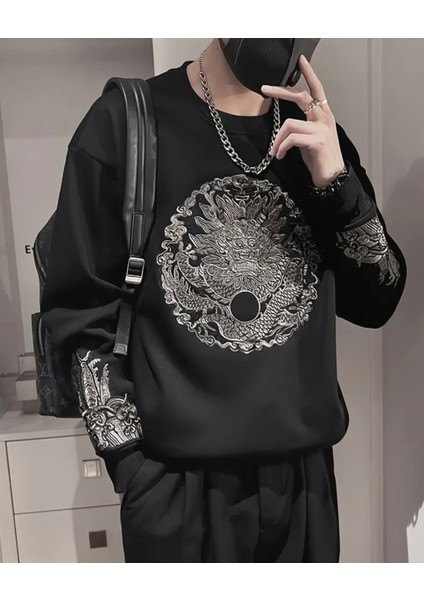 Büyük Beden Özel Tasarım Eskitme Varak Dragon Baskılı %100 Pamuk Şık Erkek Sweatshırt fiyatları