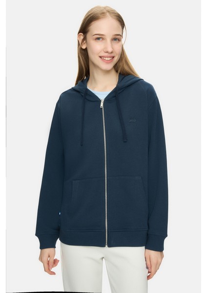 Vıvıana Lacivert Kapüşonlu Baskılı Fermuarlı Standard Fit Kadın Sweatshirt