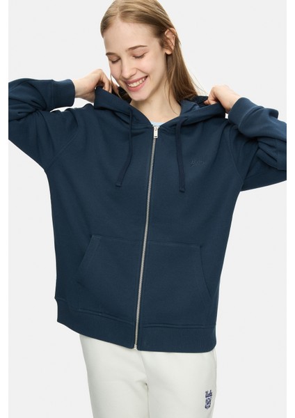 Vıvıana Lacivert Kapüşonlu Baskılı Fermuarlı Standard Fit Kadın Sweatshirt modelleri