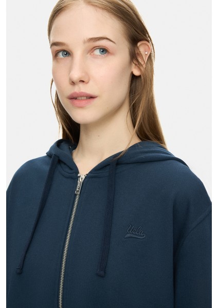 Vıvıana Lacivert Kapüşonlu Baskılı Fermuarlı Standard Fit Kadın Sweatshirt indirimleri