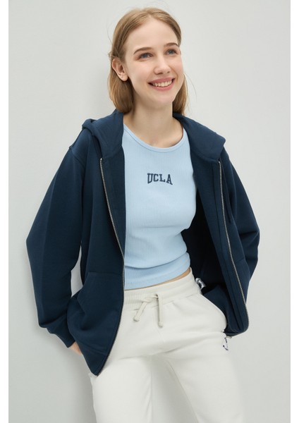 Vıvıana Lacivert Kapüşonlu Baskılı Fermuarlı Standard Fit Kadın Sweatshirt