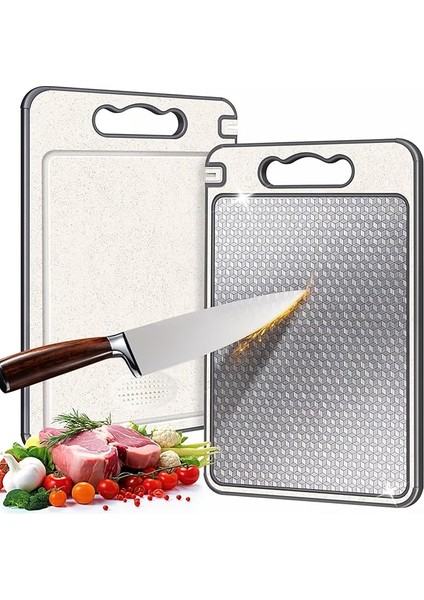 Çelik Kesme Tahtası, Mutfak Için Çift Taraflı Doğrama Tahtası, Çizilmeye Dayanıklı Mesh Tasarımı, Meyve Suyu Yivi, Kaymaz Silikon Sarma, Bulaşık Makinesinde Yıkanabilir