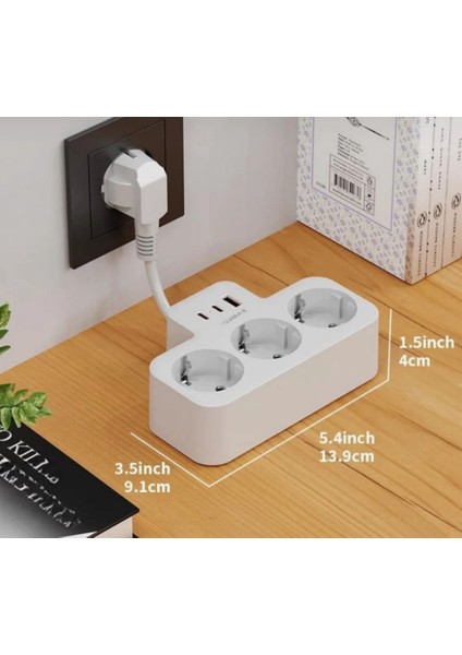 3 Priz 1 USB 2 Type-C Girişli Akım Korumalı 0.1M(10CM) Uzatma Kablolu Priz