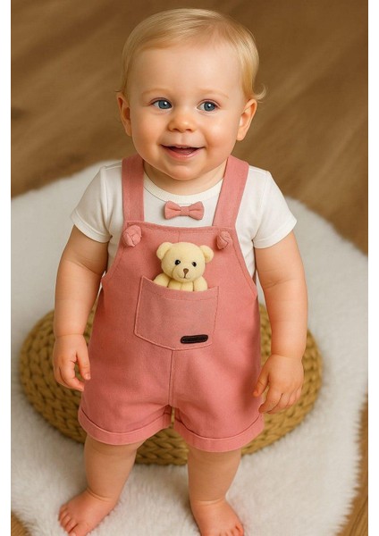 Kız Bebek Ayıcık Aksesuarlı Bayramlık Salopet ve Iç Badili 2li Bebek Takımı Aylık Yazlık