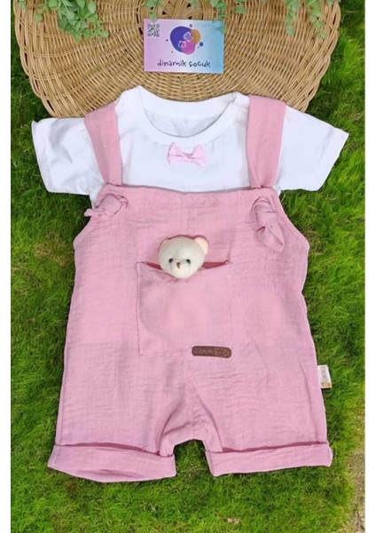 Kız Bebek Ayıcık Aksesuarlı Bayramlık Salopet ve Iç Badili 2li Bebek Takımı Aylık Yazlık indirimleri