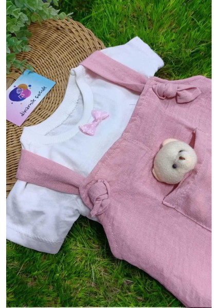 Kız Bebek Ayıcık Aksesuarlı Bayramlık Salopet ve Iç Badili 2li Bebek Takımı Aylık Yazlık