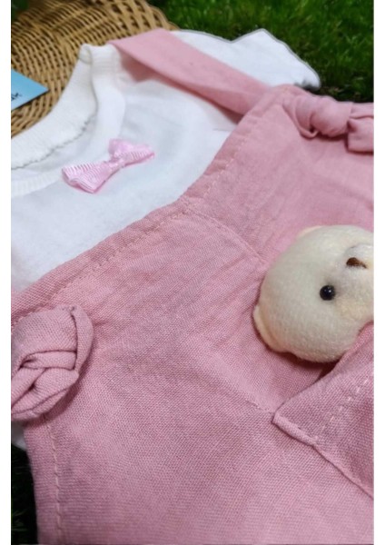 Kız Bebek Ayıcık Aksesuarlı Bayramlık Salopet ve Iç Badili 2li Bebek Takımı Aylık Yazlık