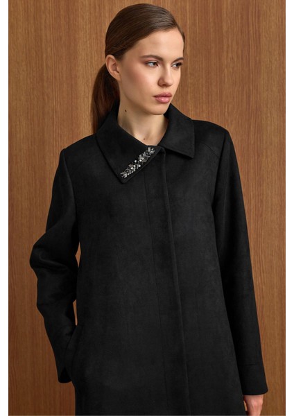 Devrik Yaka Taş Detaylı Süet Görünümlü Büyük Beden Pardesü Siyah 6795 fiyatları