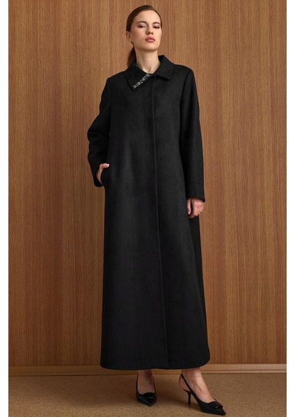 Devrik Yaka Taş Detaylı Süet Görünümlü Büyük Beden Pardesü Siyah 6795 modelleri