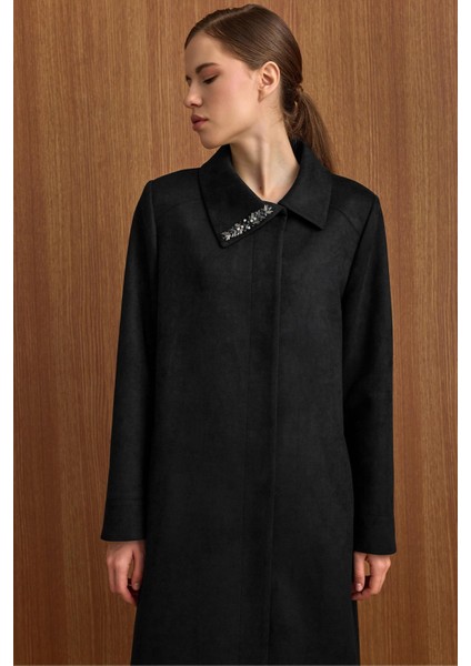 Devrik Yaka Taş Detaylı Süet Görünümlü Büyük Beden Pardesü Siyah 6795 fırsatları