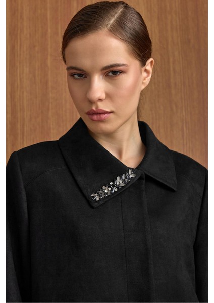 Devrik Yaka Taş Detaylı Süet Görünümlü Büyük Beden Pardesü Siyah 6795