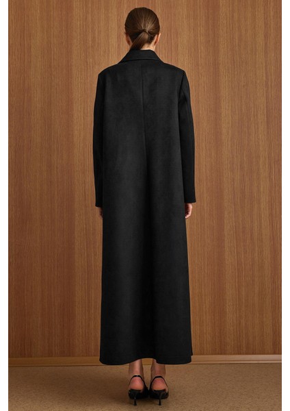 Devrik Yaka Taş Detaylı Süet Görünümlü Büyük Beden Pardesü Siyah 6795