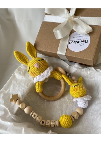 Hoşgeldin Bebek, Unisex, Yenidoğan Bebek Hediye Seti Isme Özel Emzik, Amigurumi Çıngırak