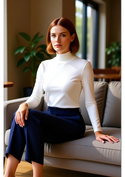 Kadın Moda Şık Regular Balıkçı Yaka Slim Kalıp Örme Yumuşak Kumaşlı Fitted Vücuda Oturan Esnek Bluz