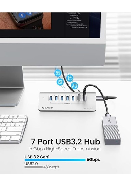 USB C Hub, USB C 3.2 Gen 1 Hub, 7 Port Alüminyum USB Dağıtıcı, 1m USB C Kablosu, 5gbps, USB Dağıtıcı, 5V/3A Güç Kaynağı Tip C Portu, Imac, iMac Pro, Masaüstü Için fiyatları