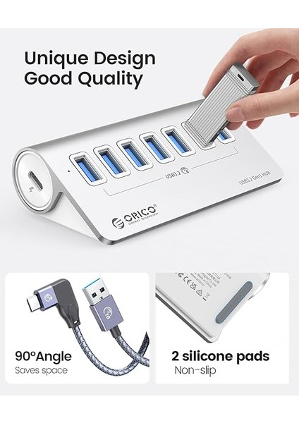 USB C Hub, USB C 3.2 Gen 1 Hub, 7 Port Alüminyum USB Dağıtıcı, 1m USB C Kablosu, 5gbps, USB Dağıtıcı, 5V/3A Güç Kaynağı Tip C Portu, Imac, iMac Pro, Masaüstü Için modelleri