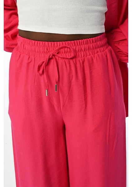 Kadın Rahat Kalıp Bol Paça Beli Lastikli Düz Renk Pantolon modelleri