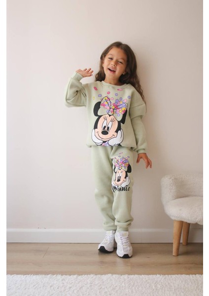 Çizgi Karakter Detaylı 3 Ip Şardonlu Kışlık Kız Çocuk Alt Üst Takım