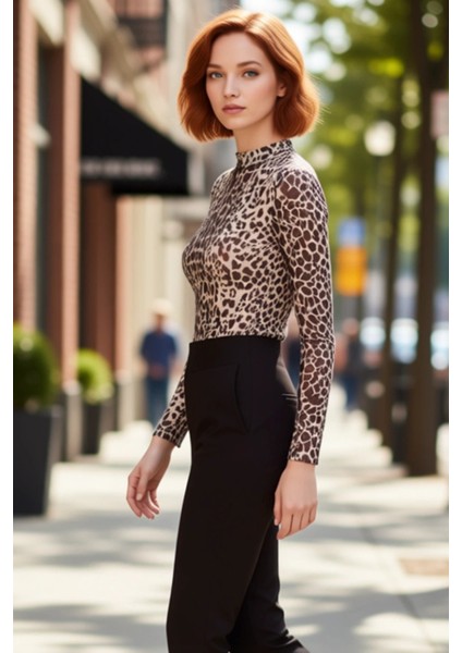 Kadın Dik Yaka Şal Desenli Esnek Tül Örme Bluz Uzun Kollu Basic Siluet Günlük ve Gece Kullanımına