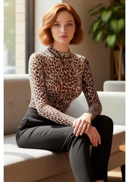 Kadın Dik Yaka Şal Desenli Esnek Tül Örme Bluz Uzun Kollu Basic Siluet Günlük ve Gece Kullanımına fiyatları