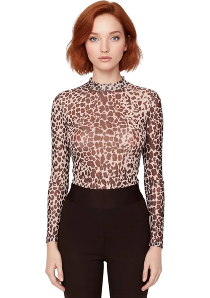 Kadın Dik Yaka Şal Desenli Esnek Tül Örme Bluz Uzun Kollu Basic Siluet Günlük ve Gece Kullanımına modelleri