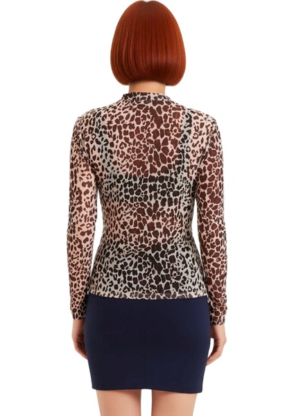 Kadın Dik Yaka Şal Desenli Esnek Tül Örme Bluz Uzun Kollu Basic Siluet Günlük ve Gece Kullanımına fırsatları