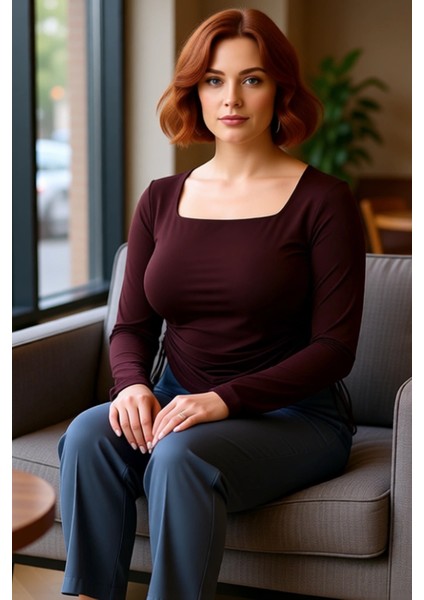 Kadınlar Için Kare Yaka Detaylı Yanları Büzgülü Uzun Kollu Örme Bluz Kaliteli Şık Rahat Modern