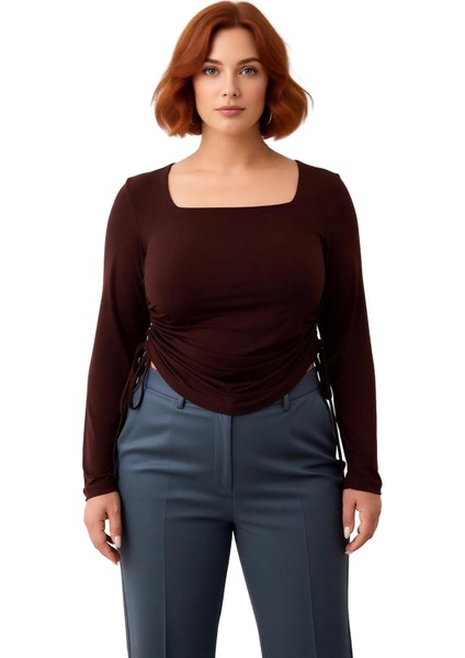 Kadınlar Için Kare Yaka Detaylı Yanları Büzgülü Uzun Kollu Örme Bluz Kaliteli Şık Rahat Modern fiyatları