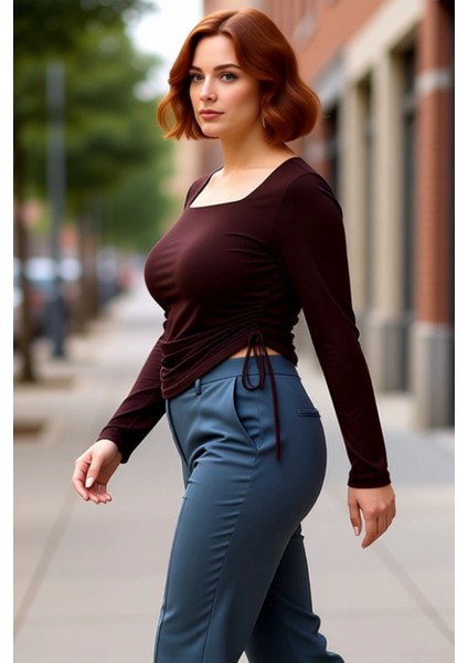 Kadınlar Için Kare Yaka Detaylı Yanları Büzgülü Uzun Kollu Örme Bluz Kaliteli Şık Rahat Modern fırsatları