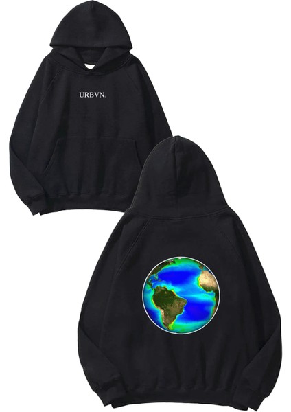 Thermal World Tasarım Baskılı Oversize Siyah Kapüşonlu Sweatshirt