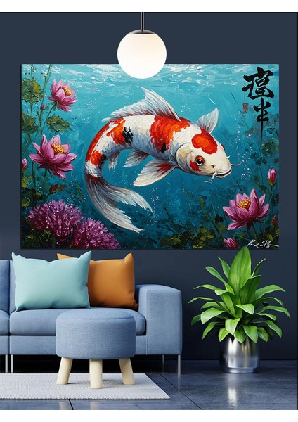 Nilüferler Içinde Parlak Koi Balığı Dekoratif Kanvas - Mdf Ahşap Tablo