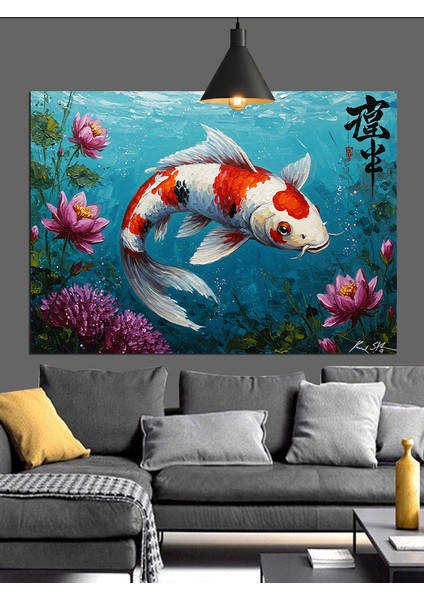 Nilüferler Içinde Parlak Koi Balığı Dekoratif Kanvas - Mdf Ahşap Tablo modelleri