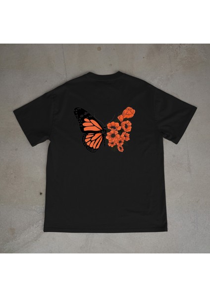 Butterfly Tasarım Baskılı Siyah Oversize T-Shirt