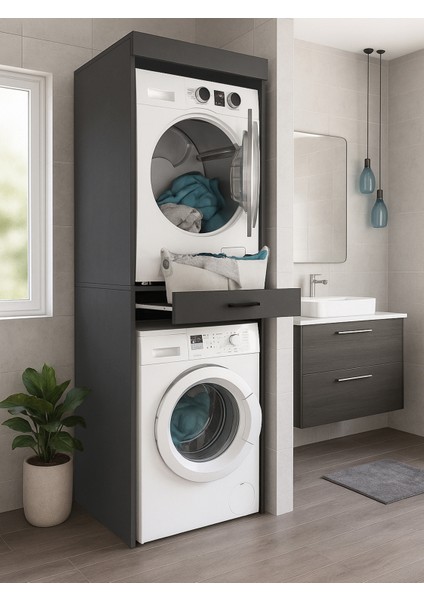 Fika Kurutma ve Çamaşır Makinesi Dolabı Çok Amaçlı Dolap Banyo Dolabı Antrasit